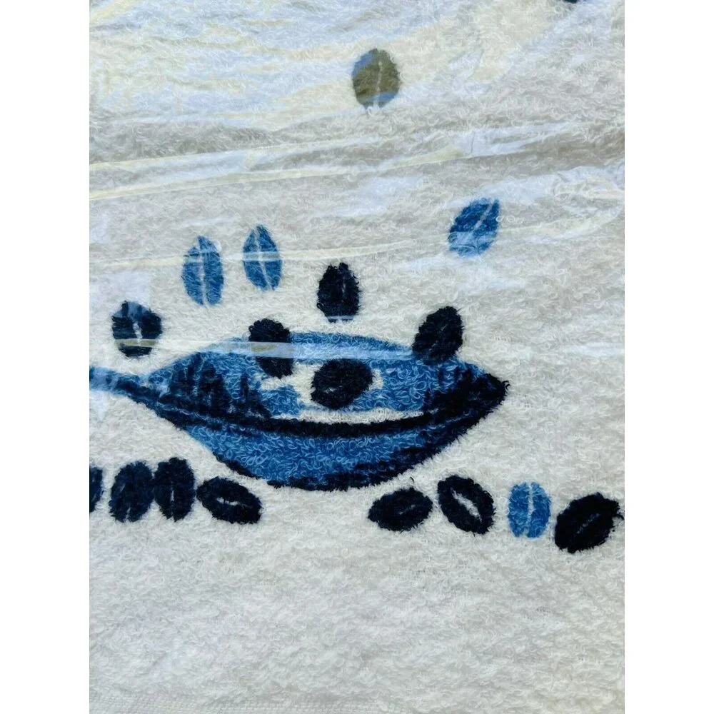 Vintage Hand Printed Kitchen Towel Bestex Blue White Teapot Breakfast USA Made
